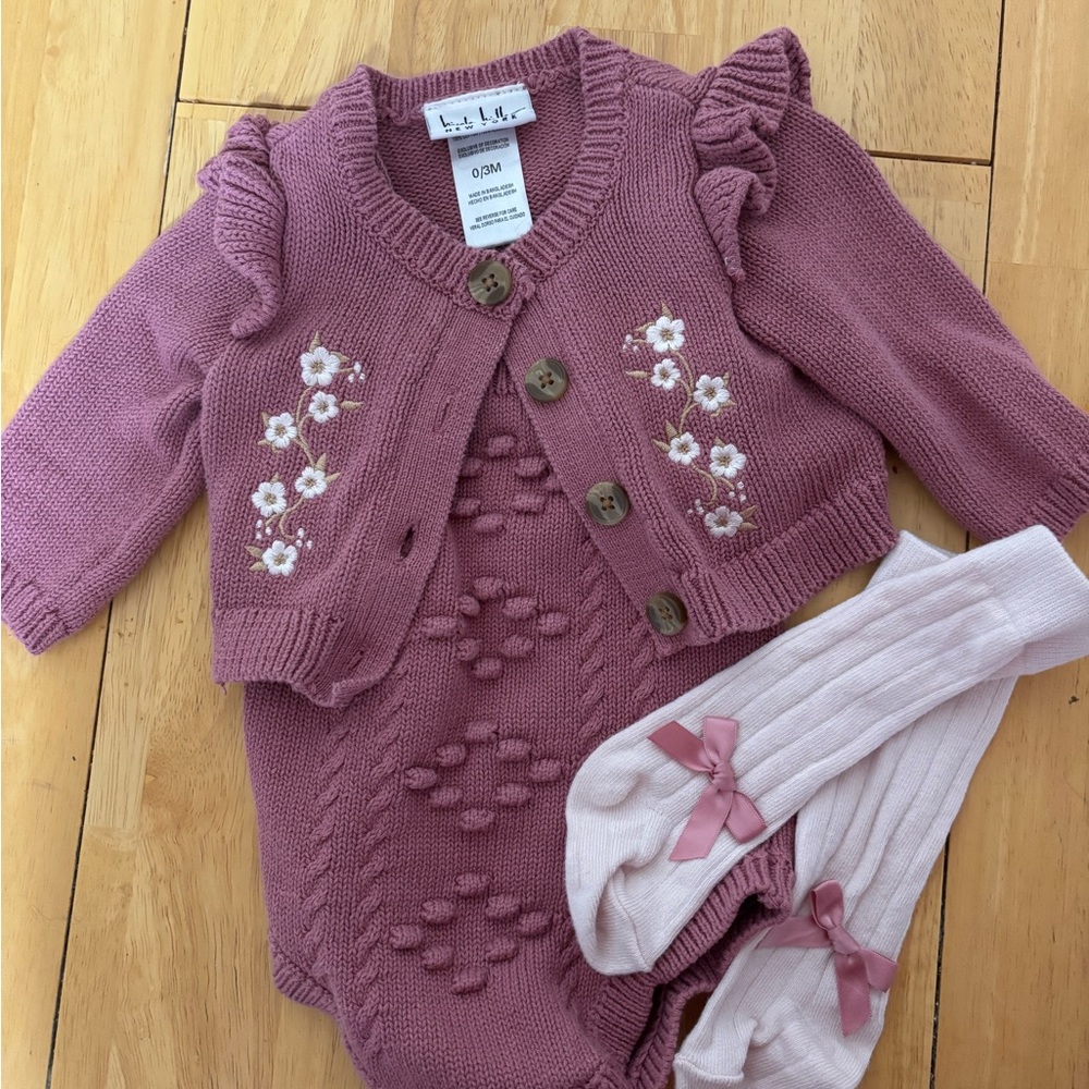 Floral Embroidered Baby Cardigan and Onesie Set